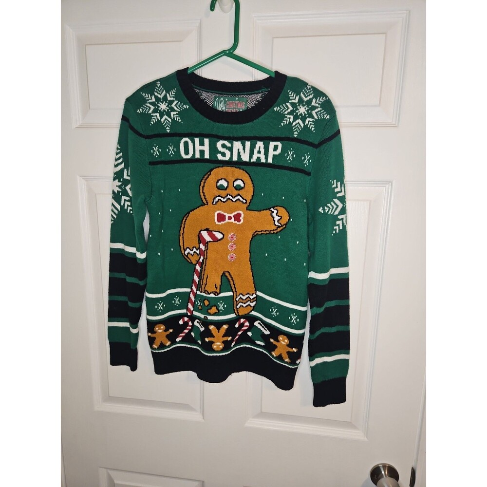 Ugly Christmas Sweater Green Sz S Gingerbread Man Oh Snap Broken Leg Bite Me